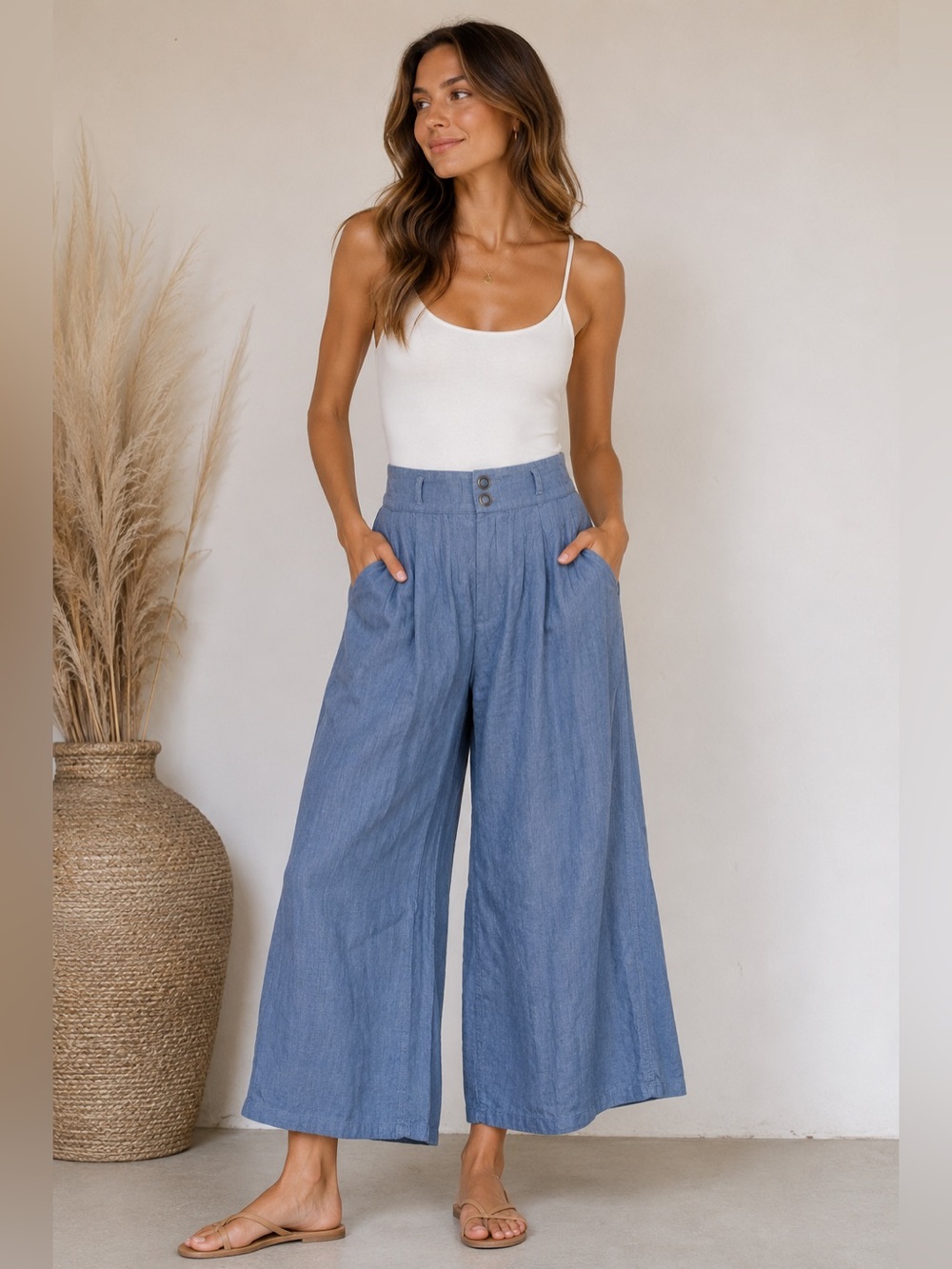 💙 Louie Size 2 Linen Wide Leg Crop‎ Pants Blue Relaxed Fit 33” Waist 💙